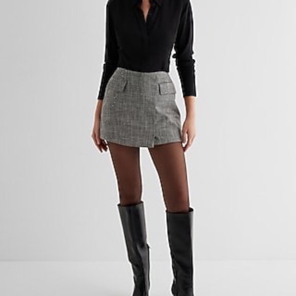 EXPRESS SUPER HIGH WAISTED SEQUIN PLAID WRAP SKORT - Picture 1 of 5